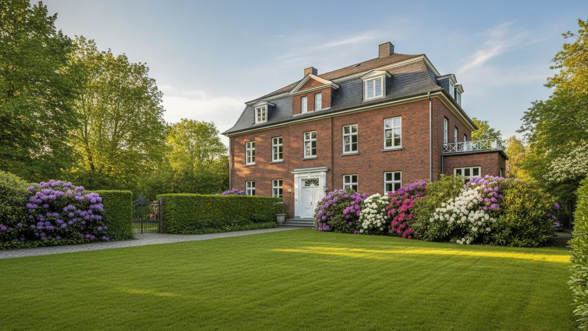 Villa aus rotem Klinker mit weißen Fenstern und Mansarddach, Garten mit Rhododendron in Hamburg-Harvestehude, KI-generiert