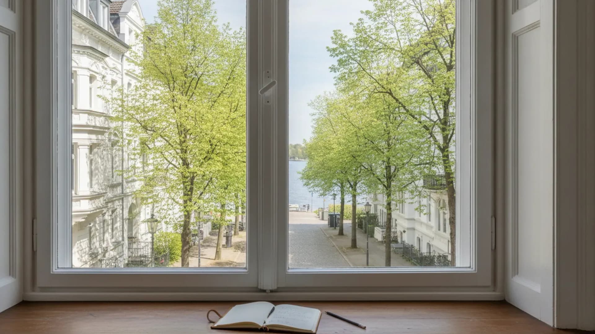Blick aus einem hohen Altbaufenster in Harvestehude auf eine baumbestandene Straße mit weißen Gründerzeithäusern, KI-generiert