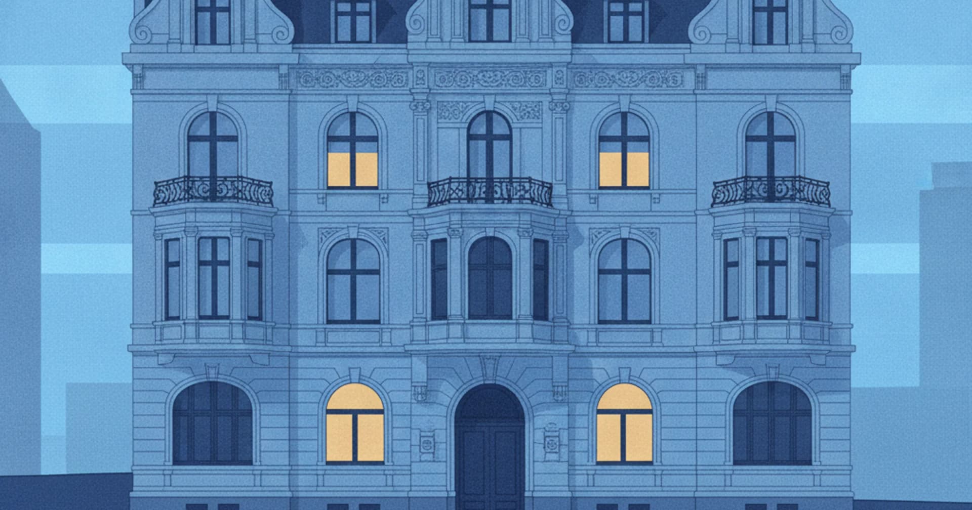 Illustration einer gründerzeitlichen Fassade am Harvestehuder Weg in Hamburg: Stuckgesimse, Erker und schmiedeeiserne Balkone in Blautönen, einzelne Fenster warm erleuchtet